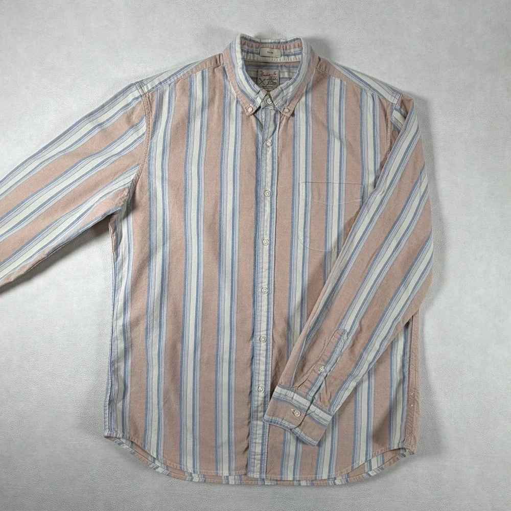 J. Crew Mens Large Broken-In Oxford Slim Fit Striped Organic Cotton Shirt Peach